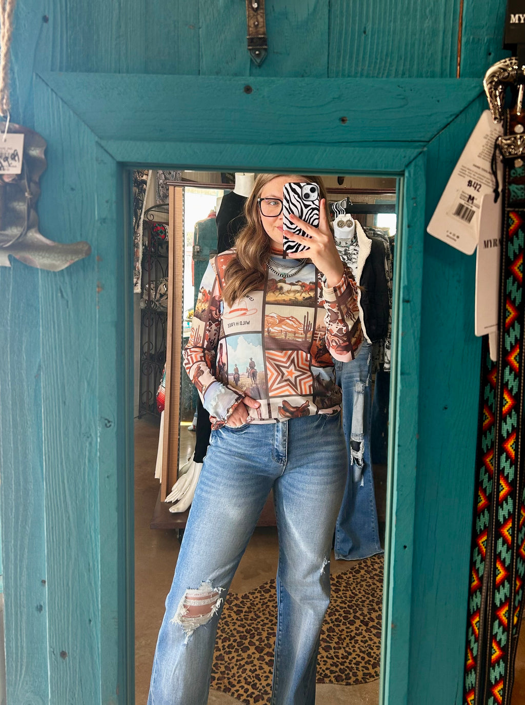 Western Print Semi Sheer Mesh Top