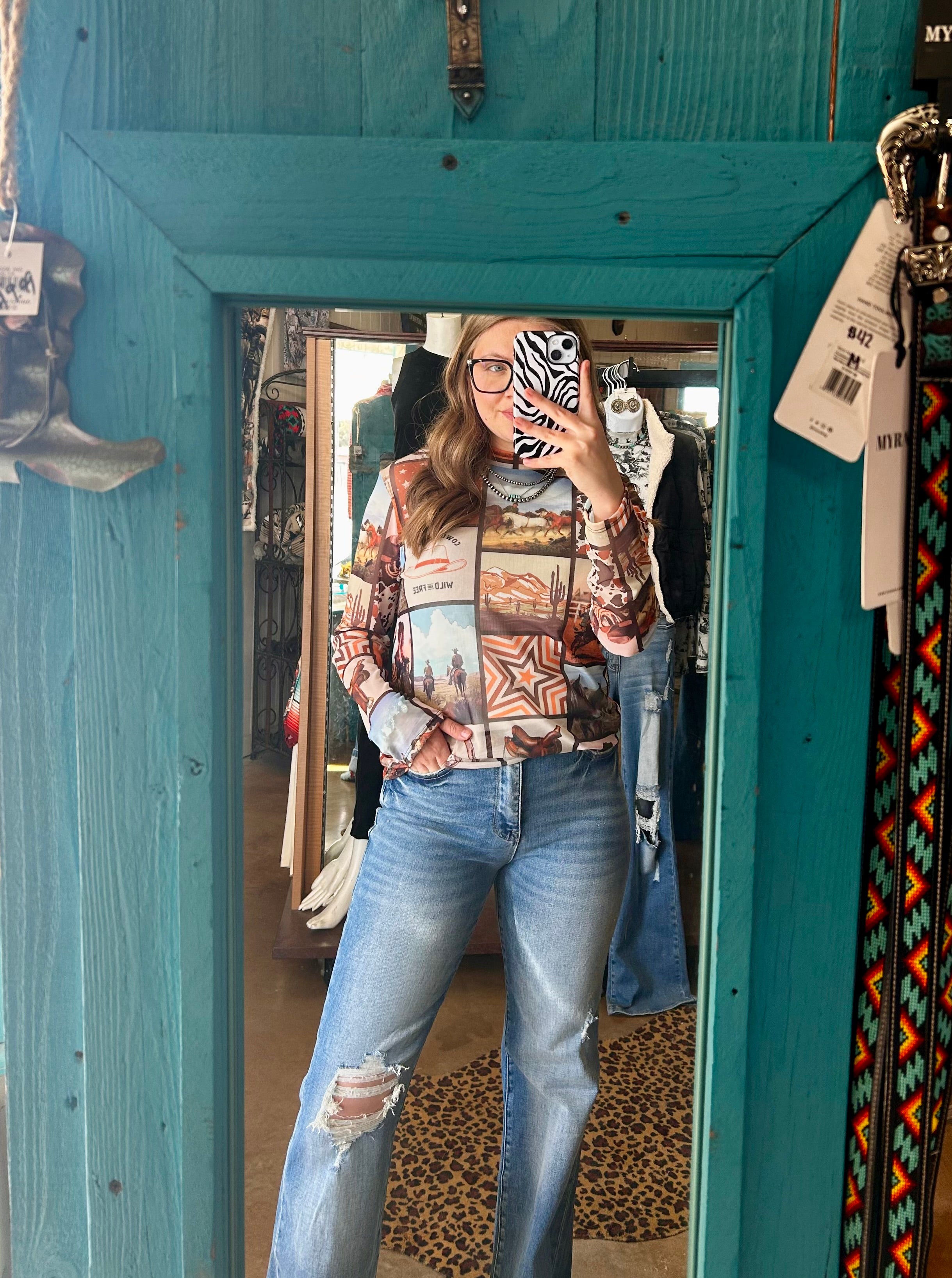 Western Print Semi Sheer Mesh Top