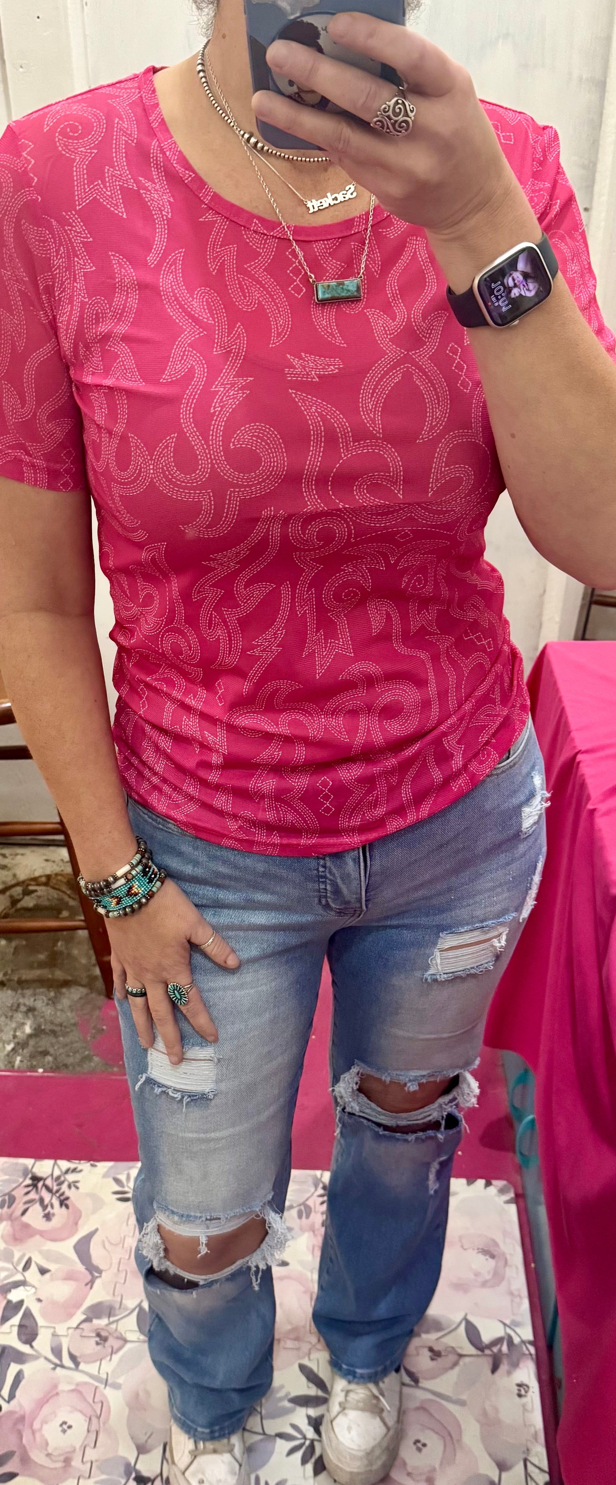 Pink Boot Stitch Short Sleeve Mesh Top