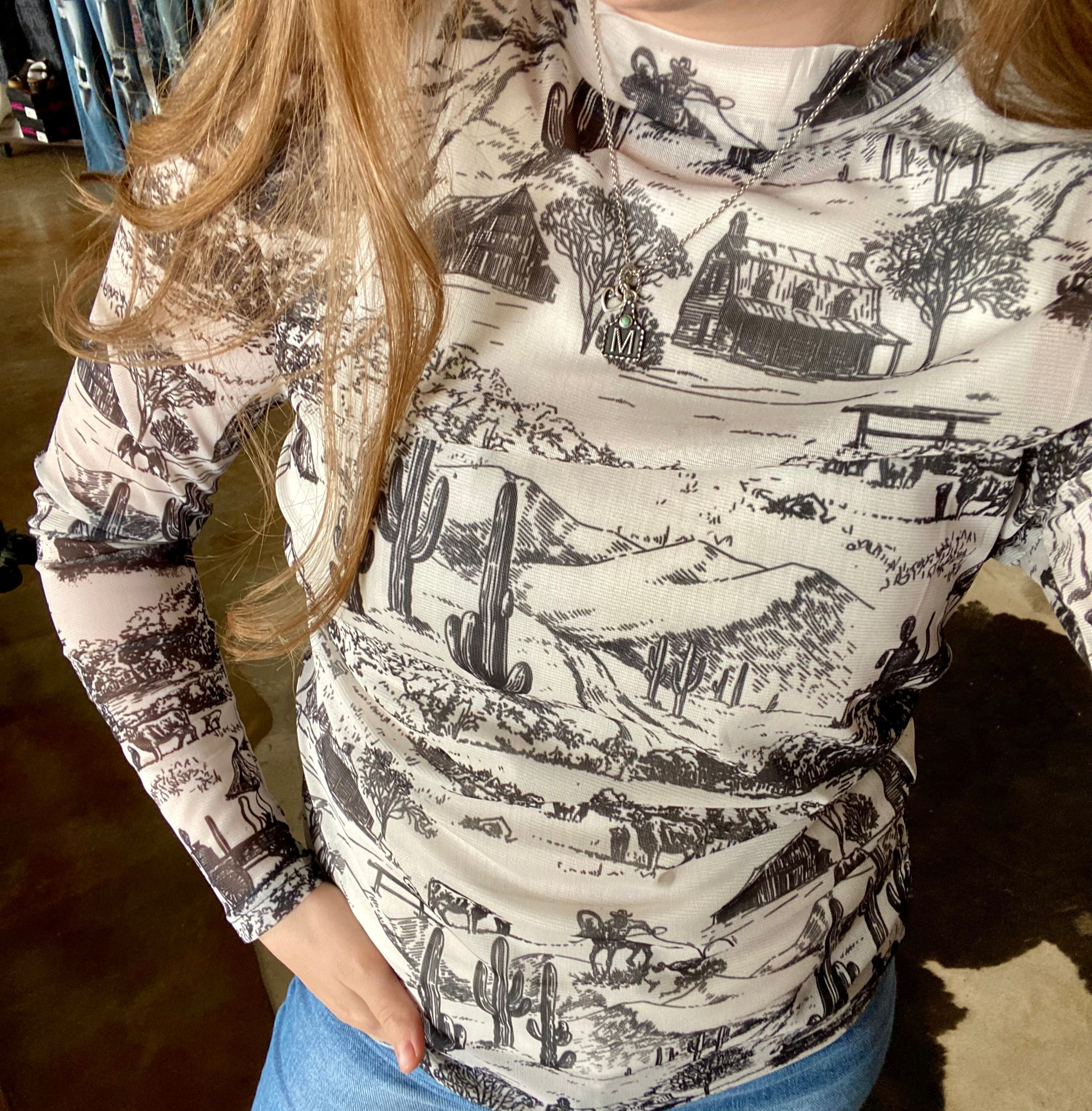 Western Black & White Mesh Top