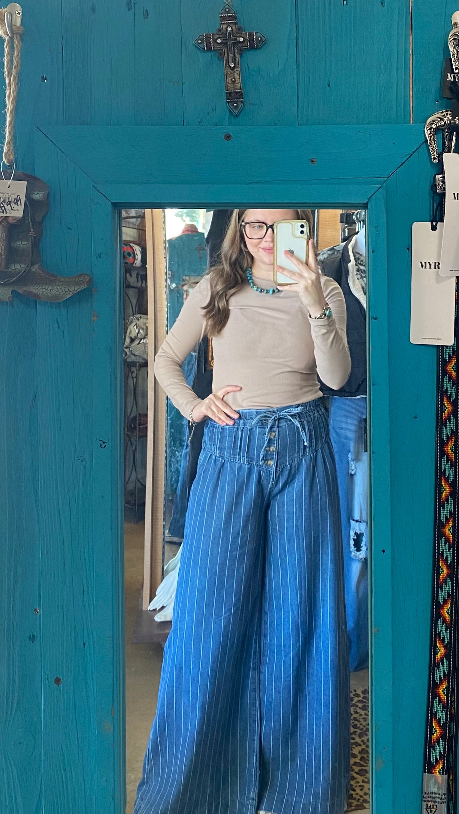 Stripe Button Pleated Drawstring Waist Wide Leg Jeans