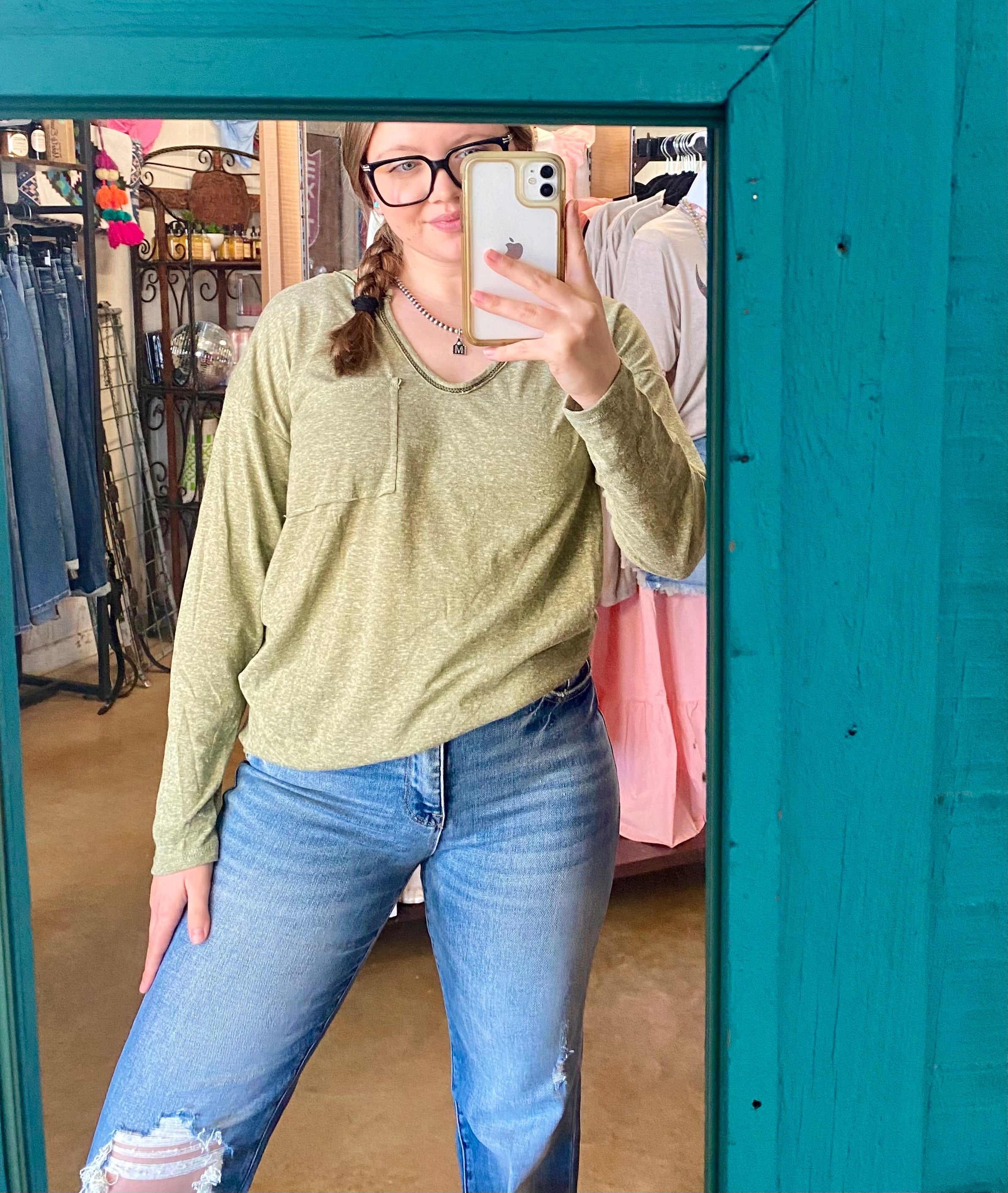 Basic Green Long Sleeve V-Neck