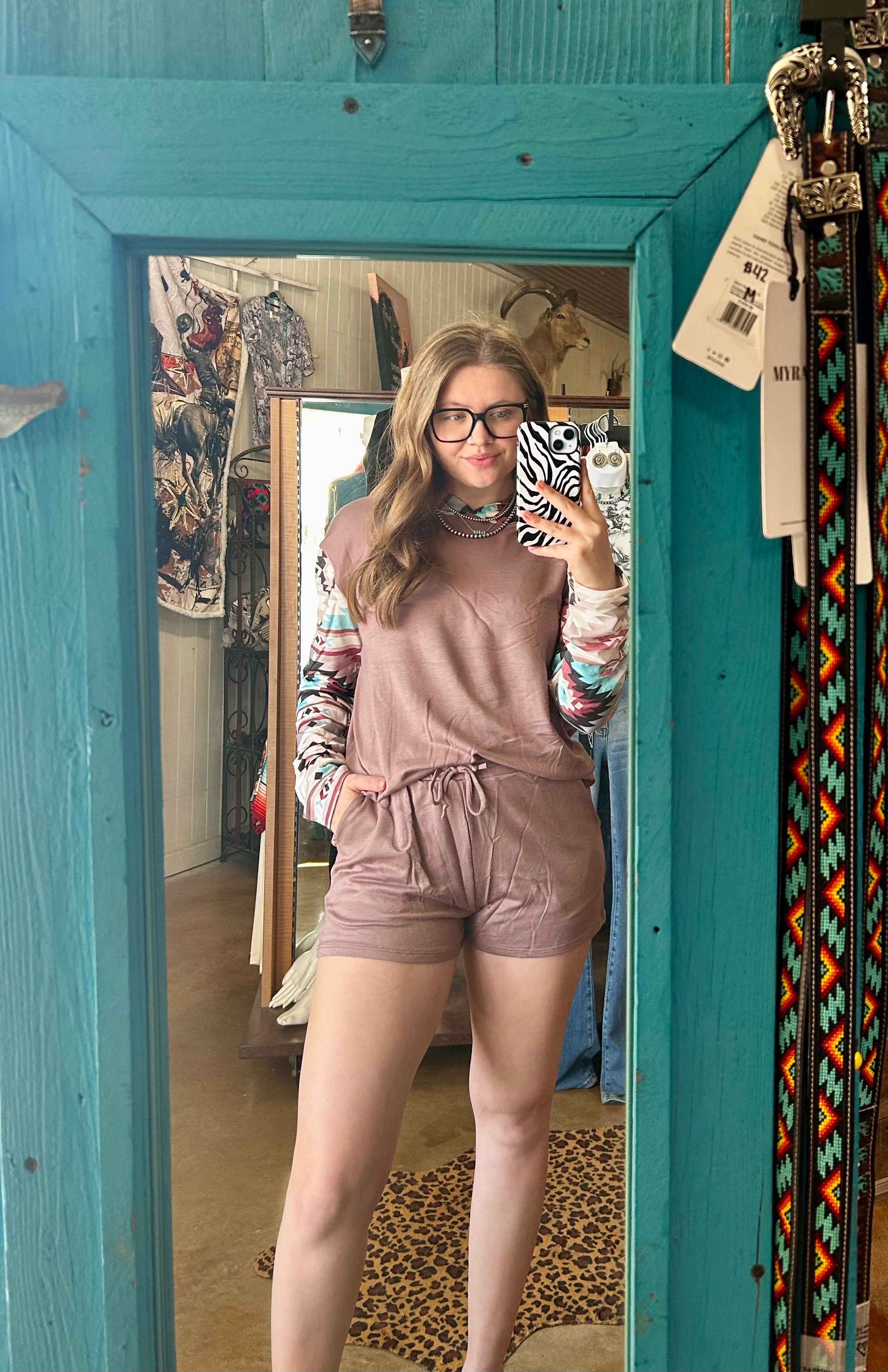 Aztec Print Color Block Short Set