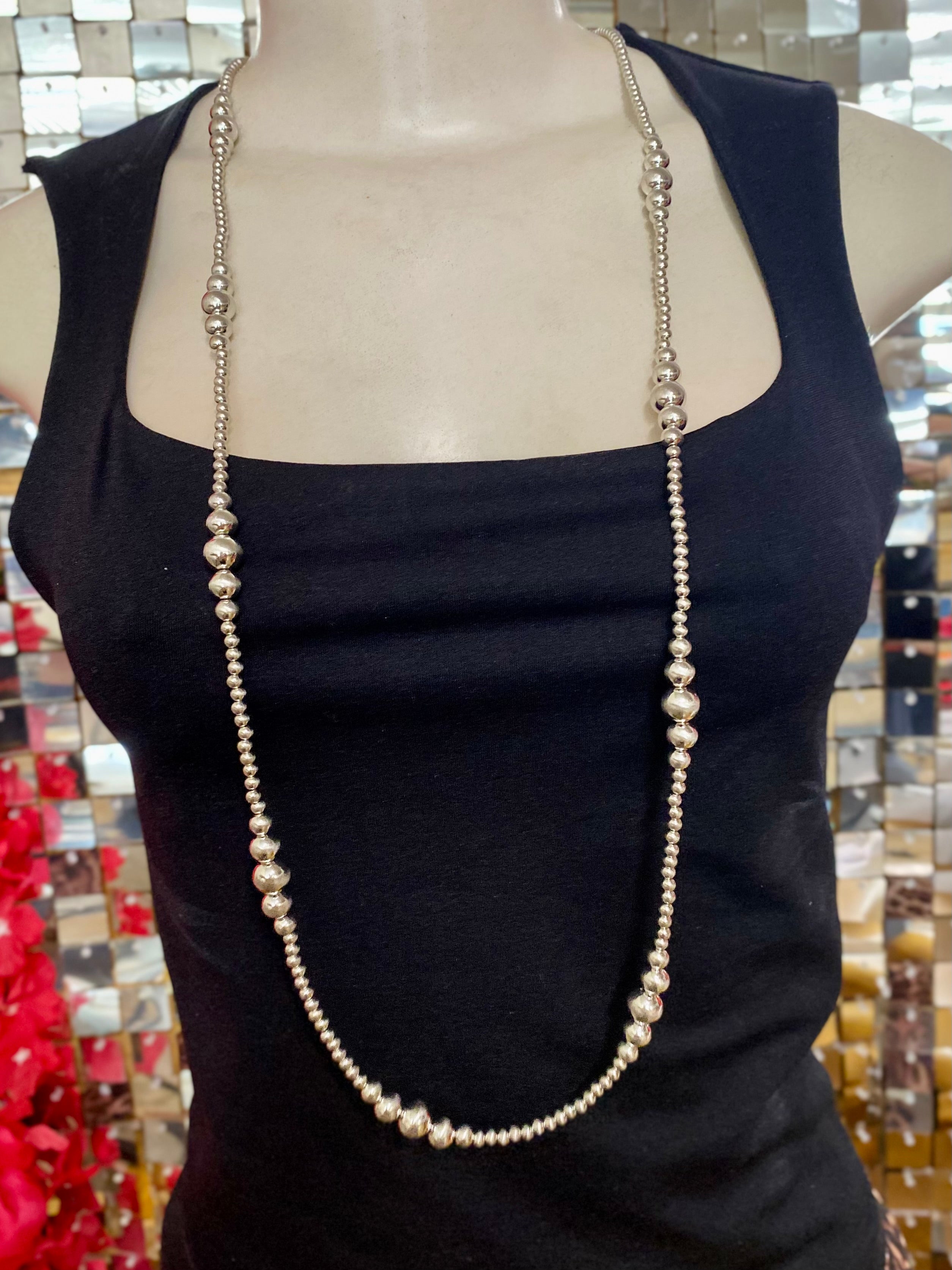 Long Graduated Silver Beaded Necklace