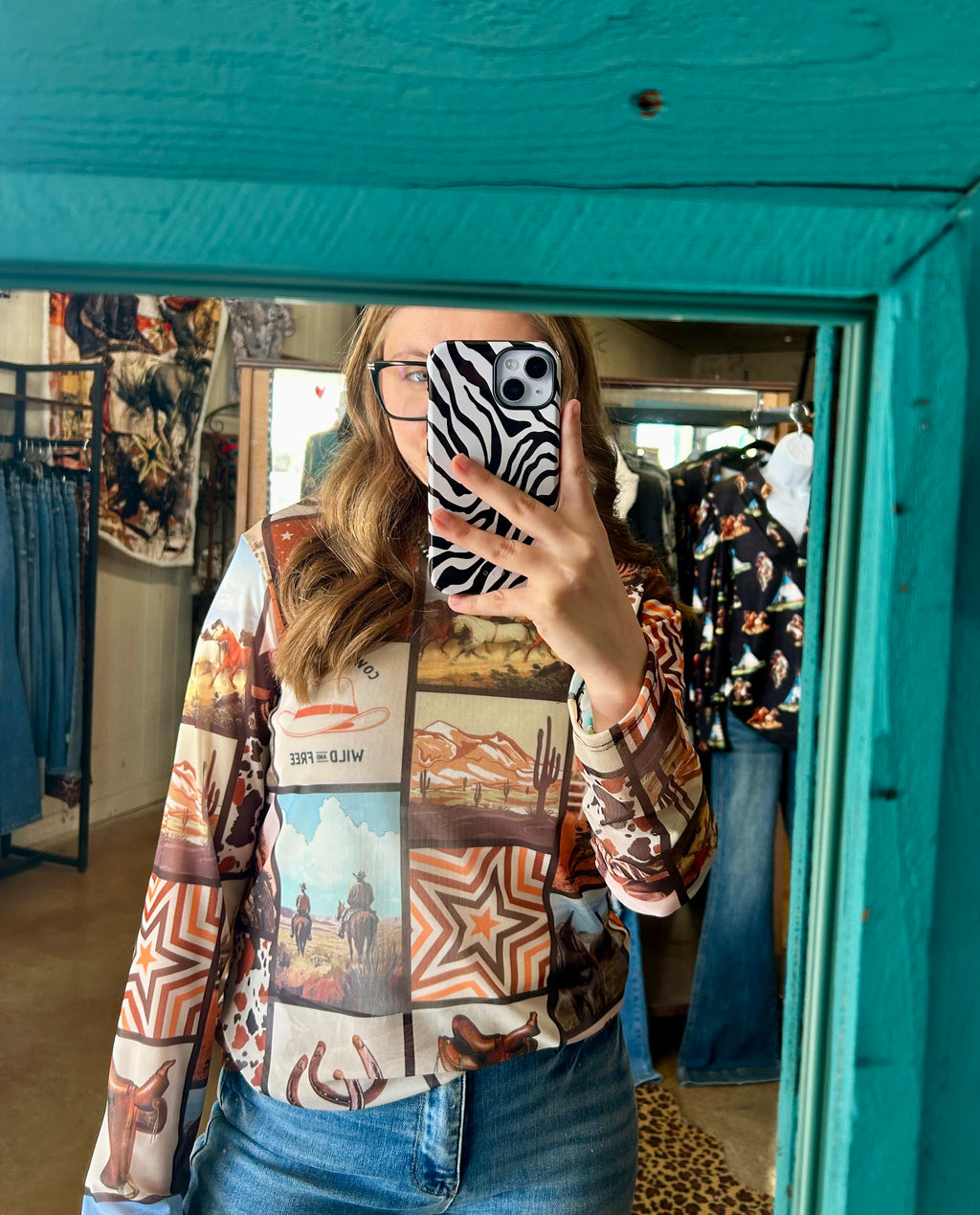 Western Print Semi Sheer Mesh Top