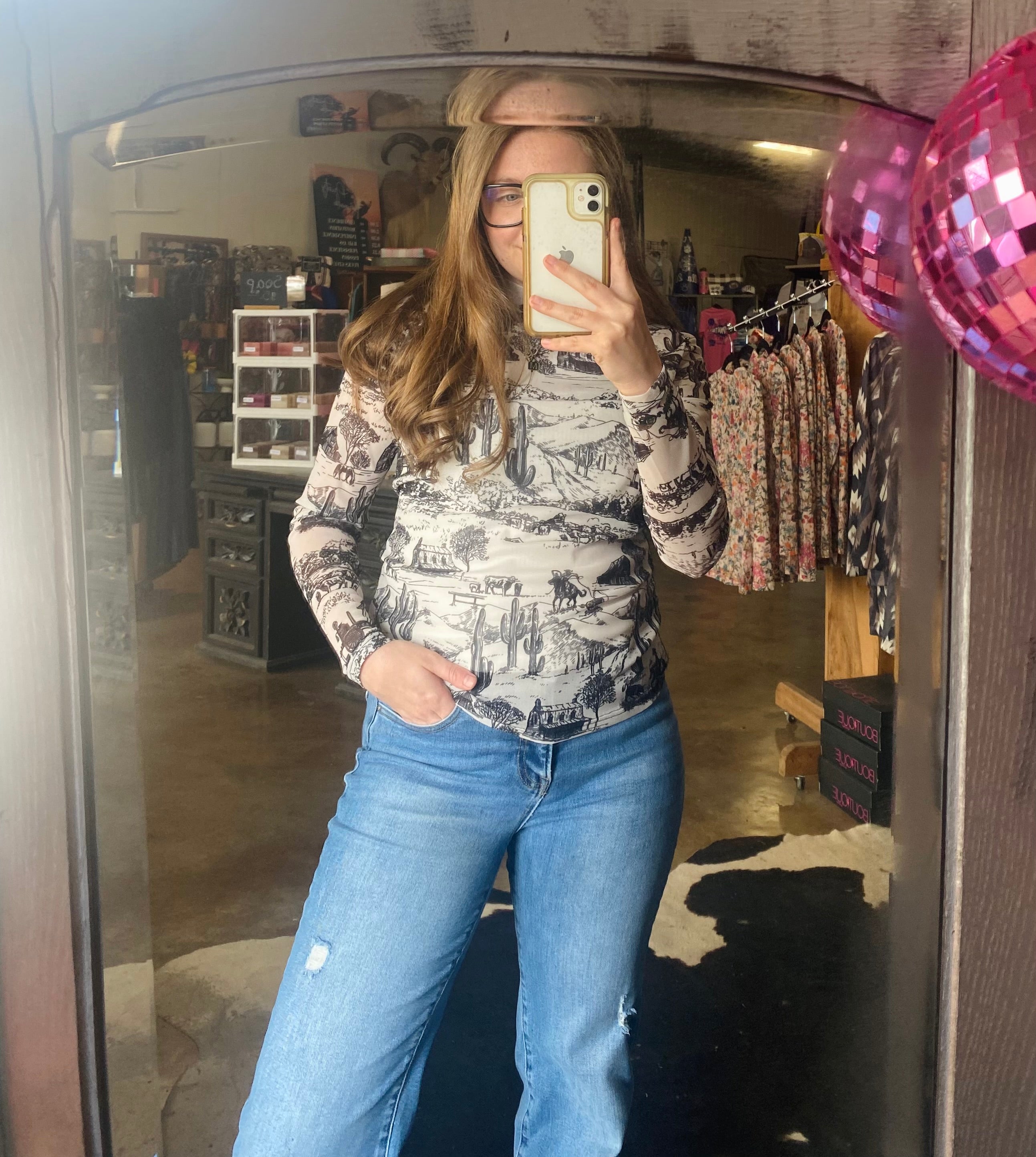 Western Black & White Mesh Top