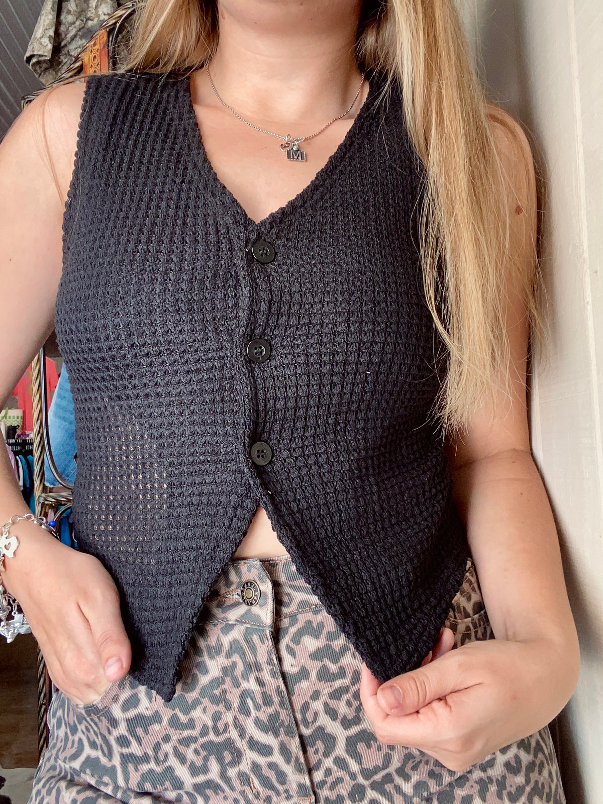 Black Textured Knit Vest