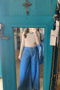 Stripe Button Pleated Drawstring Waist Wide Leg Jeans